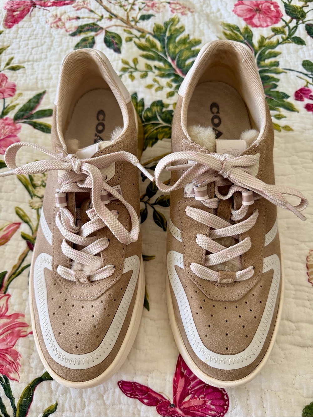 COACH Tan Suede and White Low-Top Sneakers